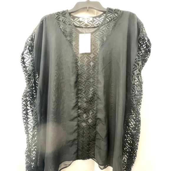 Miken Swim Suit Cover Up Sheer Black With Lace Inserts Size L NWT - Picture 1 of 3